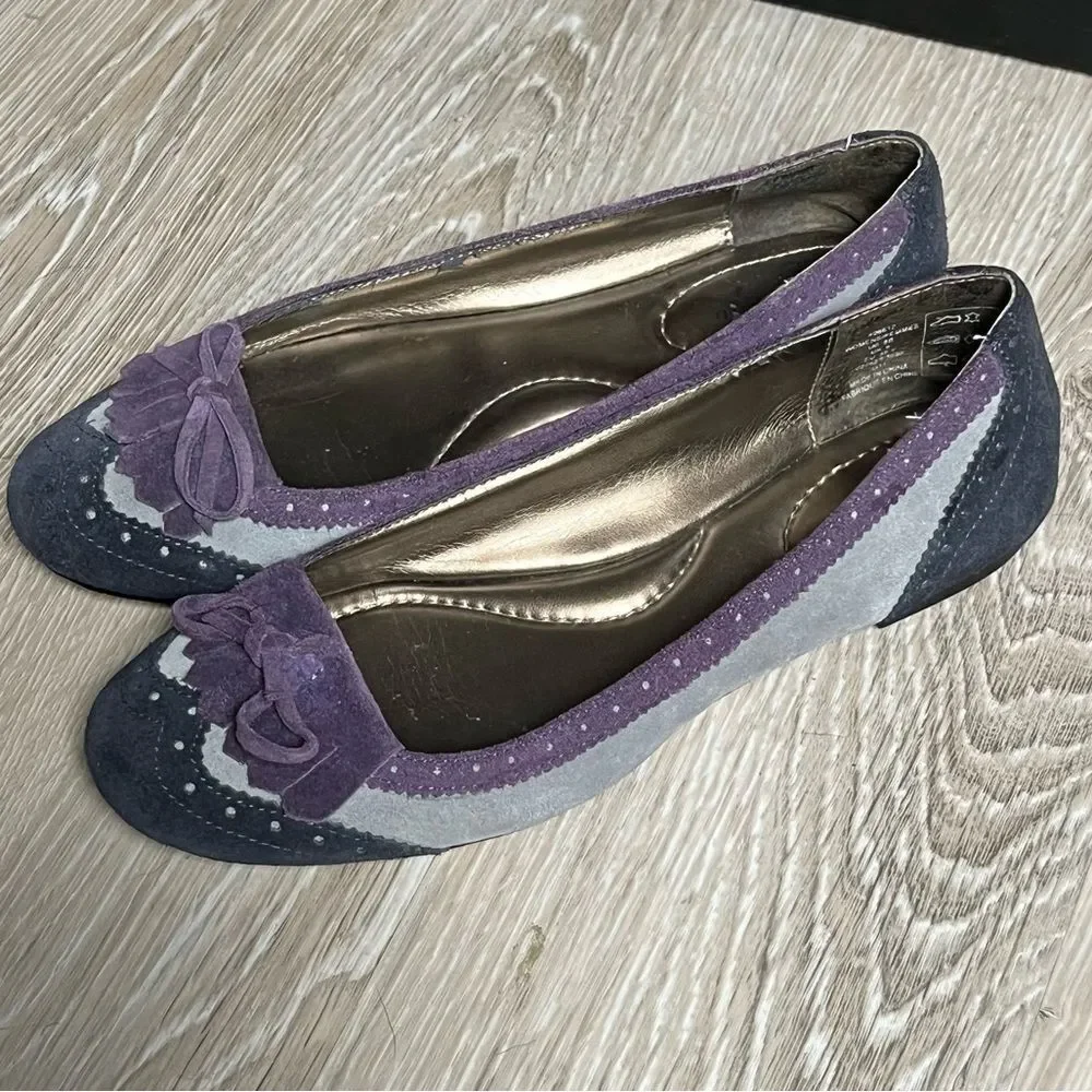 Lands End Purple Navy Suede Leather Kiltie Cap Toe Bow Academia Ballet Flats 8 - Picture 1 of 8